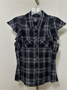 Express Black & White Plaid Ruffled Sleeve Button-Up